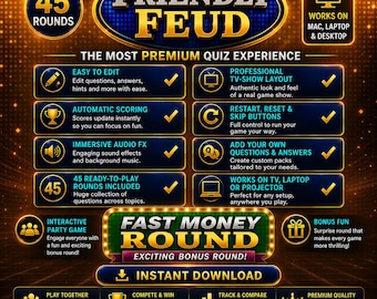 Serata di giochi in famiglia Friendly Feud, gioco a quiz basato su browser, round a premi veloci, gioco di società modificabile, punteggio automatico, download immediato