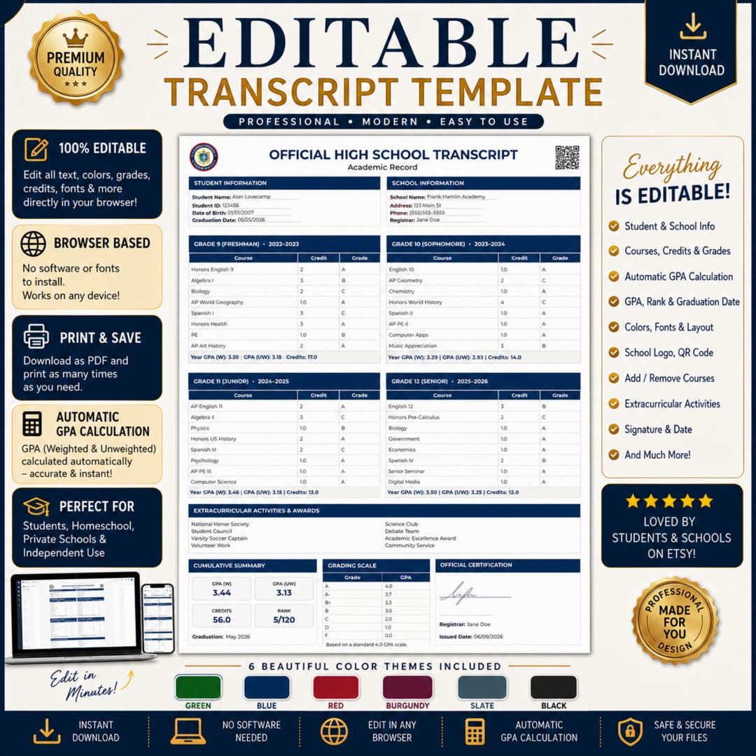 Editable High School Transcript Template, GPA Calculator, PDF ...