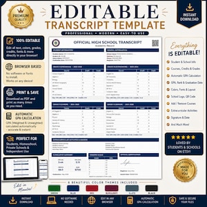 Modello di trascrizione scolastica modificabile, calcolatore GPA, generatore di trascrizioni in PDF, creatore di registri accademici, trascrizione scolastica modificabile