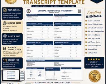 Editable High School Transcript Template, GPA Calculator, PDF Transcript Generator, Academic Record Maker, School Transcript Editable