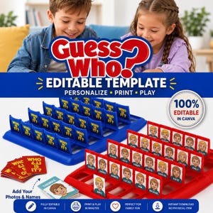 Könnte beinhalten: Eine bearbeitbare Vorlage für das Brettspiel Guess Who? mit blauen und roten Kunststoff-Spielbrettern und Charakterkarten. Die Karten zeigen illustrierte Gesichter mit Namen. Der Text lautet Guess Who? Editable Template, 100% Editable In Canva.