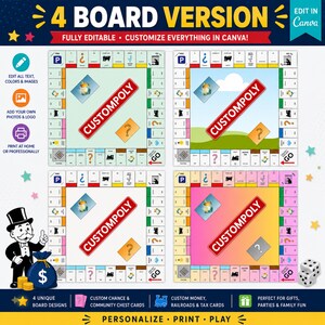 Pu&ograve; includere: Un modello digitale per un gioco da tavolo con quattro diversi design di tabellone etichettati CUSTOMPOLY. Ogni tabellone quadrato include un percorso perimetrale con spazi propriet&agrave; colorati, icone d'angolo e un'area centrale. La grafica include un personaggio dei cartoni animati con cilindro, due dadi bianchi e istruzioni testuali per la modifica in Canva.