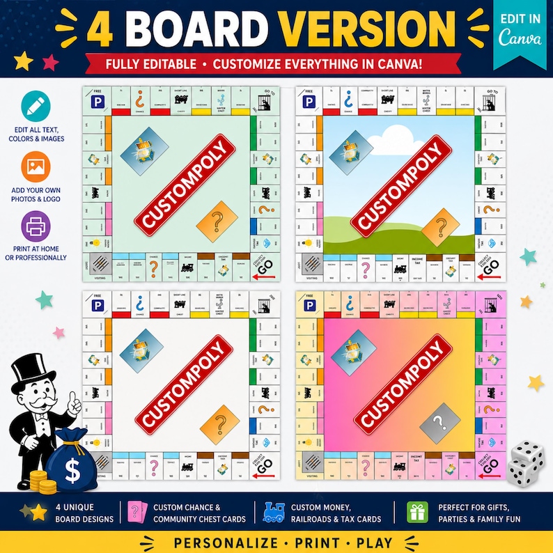 Pu&ograve; includere: Un modello digitale per un gioco da tavolo con quattro diversi design di tabellone etichettati CUSTOMPOLY. Ogni tabellone quadrato include un percorso perimetrale con spazi propriet&agrave; colorati, icone d'angolo e un'area centrale. La grafica include un personaggio dei cartoni animati con cilindro, due dadi bianchi e istruzioni testuali per la modifica in Canva.