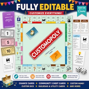 May include: A digital board game template featuring a square board with property spaces, a central red banner reading CUSTOMOPOLY, and game components including custom money, chance cards, community chest cards, and two white six-sided dice.