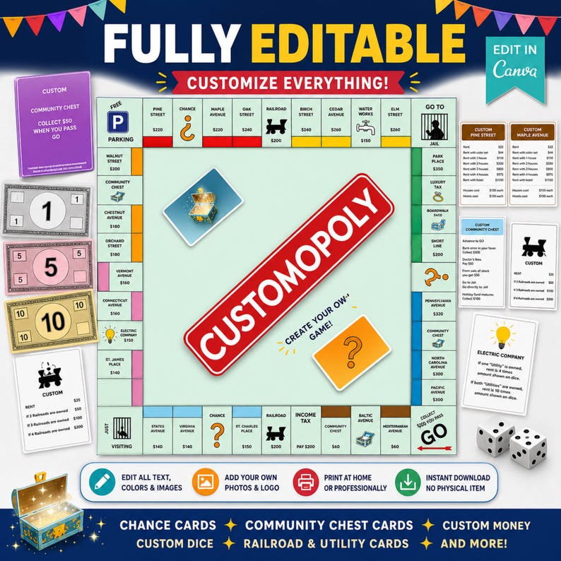 Pu&ograve; includere: Un modello di gioco da tavolo digitale con un tabellone quadrato, uno stendardo rosso centrale con la scritta CUSTOMOPOLY e componenti di gioco tra cui denaro personalizzato, carte imprevisti, carte probabilit&agrave; e due dadi.