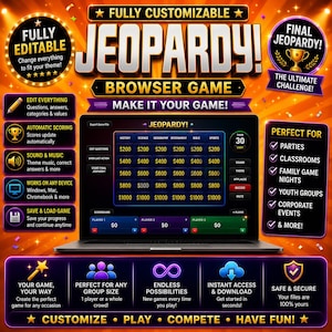 May include: A digital Jeopardy browser game template displayed on a laptop screen with an orange background. The interface features a grid of categories and dollar values, a scoreboard, and text including Fully Customizable, Make It Your Game.