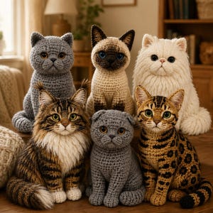 May include: A collection of six crocheted cat figurines featuring various breeds and colors, including a grey British Shorthair, a Siamese, a fluffy white cat, a long-haired tabby, a grey Scottish Fold, and a spotted brown Bengal cat.