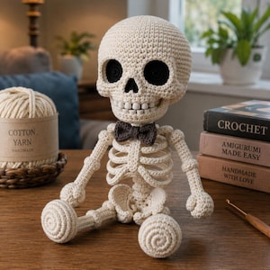 Puede incluir: Una figura de esqueleto tejida a ganchillo con hilo color hueso, cuencas oculares negras profundas y una pequeña pajarita marrón oscuro. El esqueleto tiene un cráneo redondeado, caja torácica y extremidades articuladas, sentado con pies en espiral.