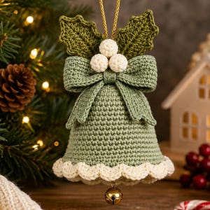 May include: A crocheted bell ornament in sage green featuring a cream-colored scalloped edge and a small gold-toned metal bell at the bottom. The top is decorated with a sage green crocheted bow, three cream-colored spheres, and two green leaves.
