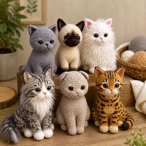 Può includere: Una collezione di sei statuette di gatti all'uncinetto in vari colori e motivi, tra cui un gatto grigio, un gatto in stile siamese, un gatto bianco soffice, un gatto soriano grigio, un gatto beige chiaro e un gatto soriano marrone, tutti con grandi occhi.