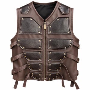 May include: A brown sleeveless vest featuring a front zipper closure and dark brown rectangular panels attached with metallic studs. The garment includes adjustable side straps with buckles, creating a layered appearance across the chest.