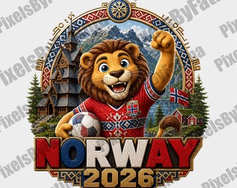 Mascota de fútbol de Noruega PNG, descarga digital para aficionados al fútbol de Noruega, diseño de sublimación para la Copa Mundial 2026, camiseta de león noruego PNG
