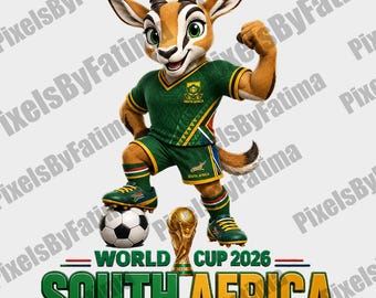 Mascota de la selección sudafricana de fútbol en formato PNG, descarga digital para aficionados al fútbol del Mundial 2026, diseño para camisetas de sublimación.