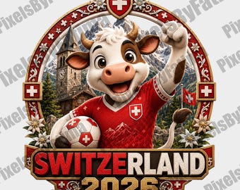 Mascota de la selección suiza de fútbol en formato PNG, descarga digital para aficionados al fútbol del Mundial 2026, diseño de camiseta de sublimación con vaca suiza