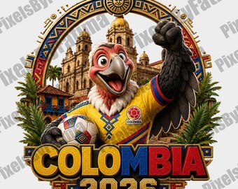 Mascota de fútbol de Colombia PNG, descarga digital para aficionados al fútbol colombiano, diseño de sublimación para la Copa Mundial 2026, camiseta del cóndor colombiano PNG