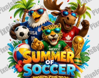 Verano de fútbol PNG, diseño de camiseta para la Copa Mundial 2026 EE. UU., México y Canadá, descarga digital para aficionados al fútbol, gráfico de torneo de fútbol