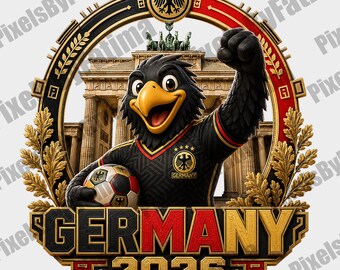 Mascota de la selección alemana de fútbol en formato PNG, descarga digital para aficionados al fútbol del Mundial 2026, diseño de camiseta con sublimación del águila alemana.