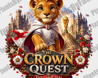 The Crown Quest England 2026 PNG, England Soccer Fan Digital Download, Lion Mascot Football Shirt Design, World Cup 2026 PNG