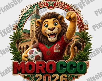 Morocco Soccer Lion PNG, Football Mascot Digital Download, Moroccan Fan Sublimation Design for Shirts