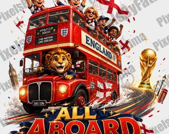 All Aboard England PNG, England Soccer Fan Digital Download, London Double Decker Bus Football Shirt Design, World Cup 2026 PNG