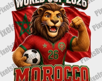 Morocco Lion Mascot PNG, Morocco Soccer Digital Download, Football Fan Sublimation Design, World Cup 2026 PNG