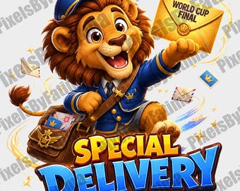 Special Delivery Lion PNG, World Cup Final Digital Download, Cute Lion Mascot Football Shirt Design, Soccer Fan Sublimation PNG