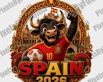 Mascota de fútbol de España PNG, descarga digital para aficionados al fútbol español, diseño de sublimación para la Copa Mundial 2026, camiseta de toro española PNG