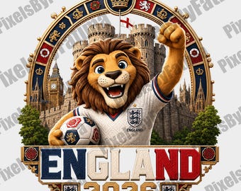 England 2026 PNG, England Football Lion Mascot, Soccer Fan Digital Download, World Cup 2026 England Shirt Design PNG