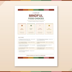 Peut inclure: Un document informatif blanc intitulé 21 Days of Mindful Food Choices, A Lifestyle Challenge Program for Beginners. Il présente quatre cases colorées pour Daily Prompts, Hunger Scale, Evening Reflection et Habit Integration, ainsi qu'une liste de contenu et le texte, Eating mindfully isn't a diet. It's a relationship.