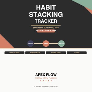 May include: A digital planner titled Habit Stacking Tracker with the text Stack habits. Build identity. Rise. Apex Flow. It features a diagram with circles labelled Trigger, Habit, and Reward, plus buttons for 30-Day Tracker, Morning Stack, Evening Stack, and 15 Pages.