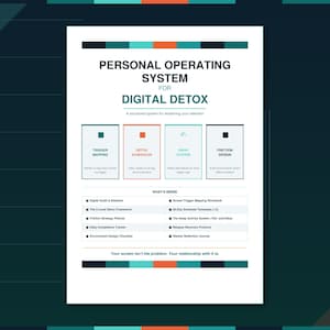 Puede incluir: Un documento blanco titulado Personal Operating System for Digital Detox con acentos en color verde azulado y naranja. Presenta cuatro secciones: Trigger Mapping, Detox Schedules, Swap System y Friction Design, seguidas de una lista de contenido.