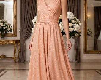 Abito lungo elegante color pesca | Vestito da damigella con scollo a V | Abito da cerimonia donna, matrimonio, festa