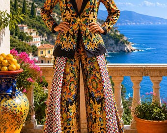 Women's Sicilian Maiolica Suit with Palazzo Pants and Jacket | Elegant Resortwear Set Made in Italy