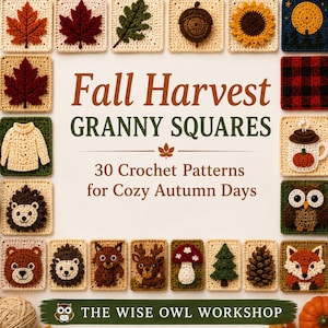 Op de afbeelding: Een verzameling gehaakte granny squares met herfstmotieven zoals bladeren, eikels, zonnebloemen, een trui, een mok, een uil, een beer, een egel, een vos, een hert, een paddenstoel en een dennenboom rondom de tekst Fall Harvest GRANNY SQUARES.