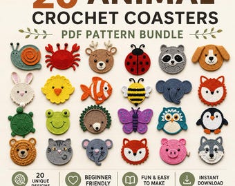 20 Animal Crochet Coaster Patterns Bundle | Beginner Friendly PDF (Digital Download)