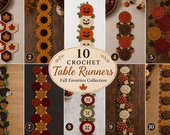 Bundel met 10 gehaakte tafelloperpatronen voor de herfst | Herfstoogst bospompoenpaddestoel | DIY Thanksgiving-cadeau (digitale download)