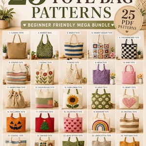 25 Crochet Tote Bag Patterns Bundle | Beginner PDF | Market Bag | Granny Square | Instant Download