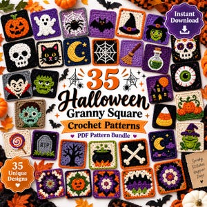 May include: A collection of 35 Halloween-themed crochet granny square patterns featuring icons like pumpkins, ghosts, skulls, cats, witches, spiders, webs, bats, and cauldrons. The text reads 35 Halloween Granny Square Crochet Patterns.