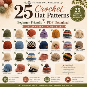 Puede incluir: Un documento digital titulado The Wise Owl Workshop 25 Crochet Hat Patterns que presenta 25 imágenes numeradas de varios gorros de ganchillo, incluyendo beanies, sombreros de pescador y gorras. El texto indica descarga en PDF.