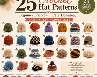 25 Crochet Hat Patterns Bundle, Beanie Slouchy Bucket Beret (PDF Download)