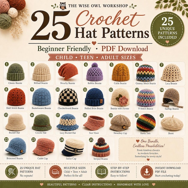 25 Crochet Hat Patterns Bundle, Beanie Slouchy Bucket Beret (PDF Download)