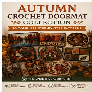 May include: A collection of 20 crochet doormat patterns titled Autumn Crochet Doormat Collection by The Wise Owl Workshop. The image displays various rectangular and circular mats featuring autumn themes like pumpkins, mushrooms, owls, and leaves.