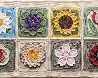 Patrones de ganchillo cuadrados florales para abuelas • 8 diseños florales avanzados (descarga en PDF)