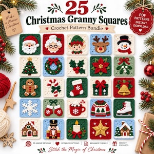 Puede incluir: Un gráfico digital con 25 cuadrados de ganchillo con temática navideña dispuestos en una cuadrícula. Cada cuadrado muestra un motivo festivo único, incluyendo a Santa, un reno, un muñeco de nieve, un hombre de jengibre y un árbol.