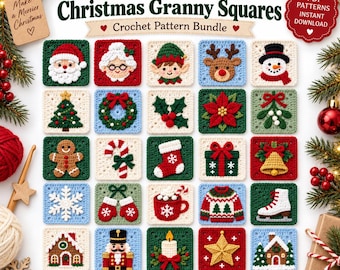 25 Christmas Granny Squares Crochet Patterns | Holiday Applique Bundle (PDF Download)