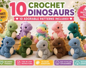 10 Crochet Dinosaur Patterns, Beginner Amigurumi PDF Bundle, Stuffed Animal Tutorial (Instant Download)