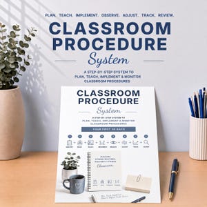 May include: A white informational poster titled Classroom Procedure System with dark blue text. It outlines a step-by-step process for teachers, featuring icons for planning, teaching, implementing, observing, adjusting, tracking, and reviewing.