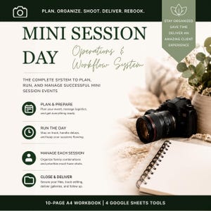 May include: A digital document titled Mini Session Day Operations & Workflow System, featuring a camera and notebook. It outlines steps to plan, run, manage, and deliver sessions, including a 10-page A4 workbook and 4 Google Sheets tools for photographers.