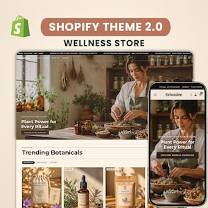 May include: A digital display of a Shopify Theme 2.0 wellness store website named Grimoire, featuring a desktop and mobile view. The interface shows a hero section with the text Plant Power for Every Ritual, product categories, and botanical items.