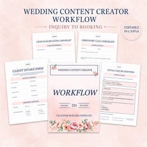 Wedding Content Creator Inquiry and Booking Workflow, Canva Client Forms, Email Templates, Lead Tracker